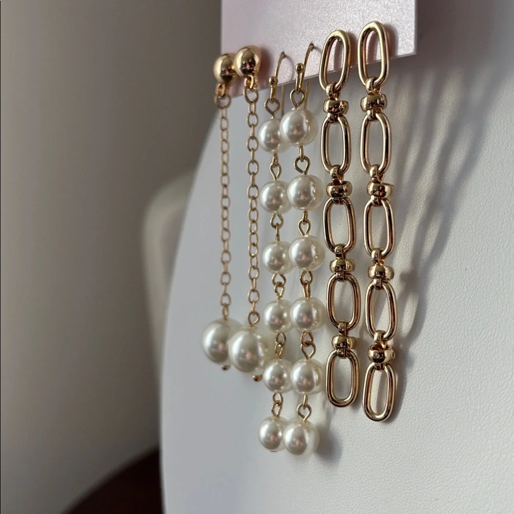 Daisy Fuentes 3 pk. Goldtone chains,pearl like,post & fishhook dangle earrings
